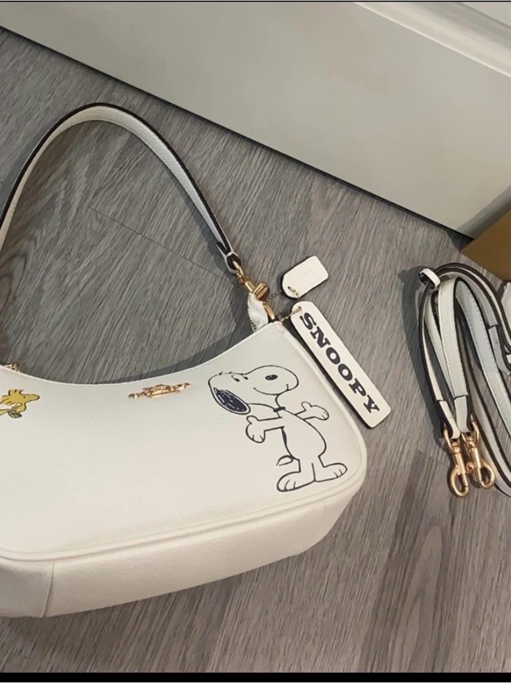 Coach White Leather Snoopy & Woodstock Shoulder Bag with Gold Hardware